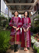 Jewel Neck Flounce Dress in Burgundy/Foxglove Embroidery
