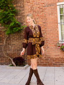 Jewel Neck Flounce Mini Dress in Chocolate/Honey Vintage Lily Embroidery