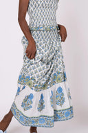 SUE SARTOR Flounce Smocked Waist Skirt | Bleu/Thyme Vintage Poppy