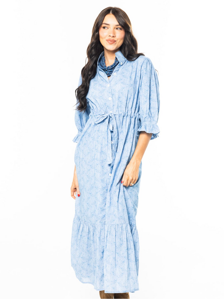 Catherine Dress in Blue Micro Quail