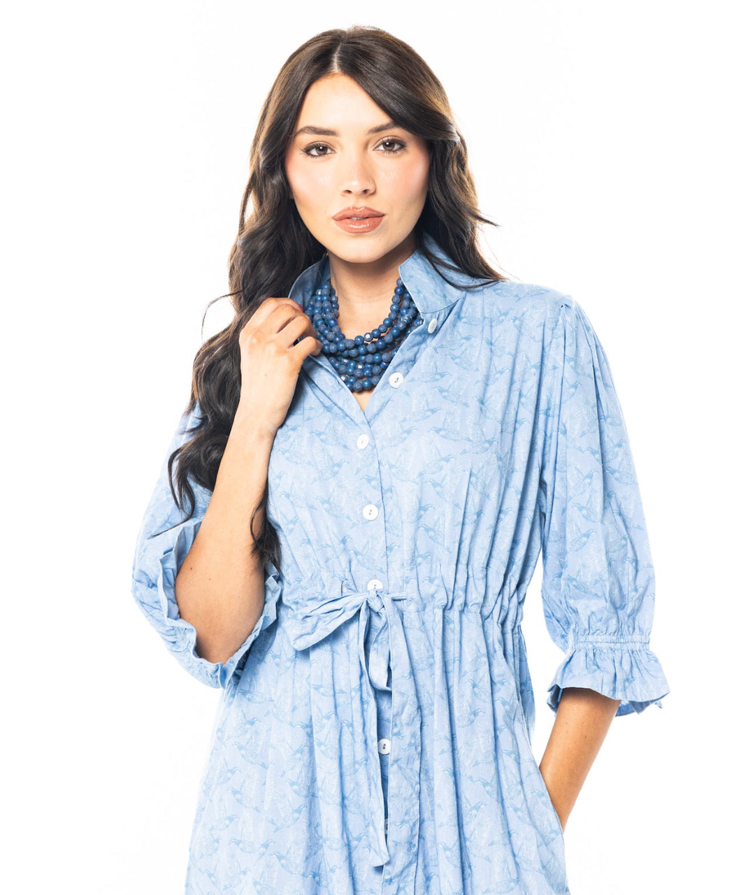 Catherine Dress in Blue Micro Quail