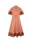 Banyan Puff Sleeve Midi Dress in Terracotta Stripe
