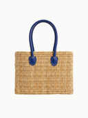 Blue Leather Handle Structured Rattan Tote