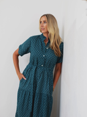 Val Maxi Dress in Teal Geometric Blockprint