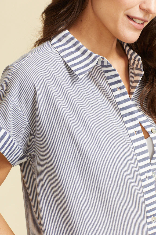 Riga Short Sleeve Midi Dress in Navy Stripes