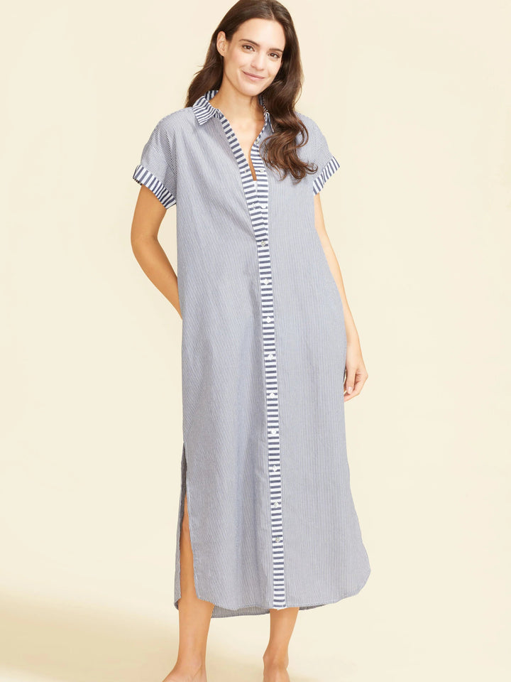 Riga Short Sleeve Midi Dress in Navy Stripes