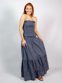 SUE SARTOR Flounce Smocked Waist Skirt | Indigo Chambray