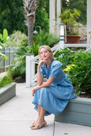 Chambray Puff Sleeve Smocked Midi Dress