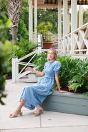 Chambray Puff Sleeve Smocked Midi Dress
