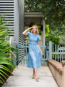 Chambray Puff Sleeve Smocked Midi Dress