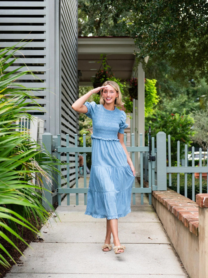 Chambray Puff Sleeve Smocked Midi Dress