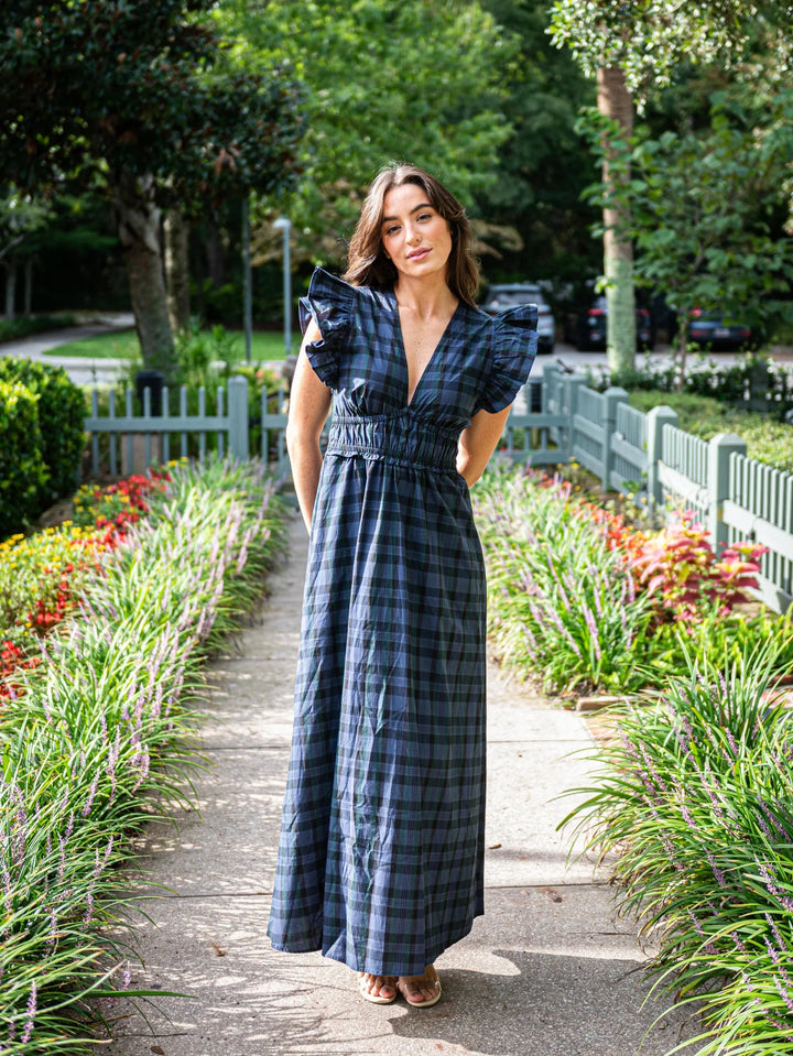 Blackwatch Tartan V-Neck Flutter Sleeve Maxi