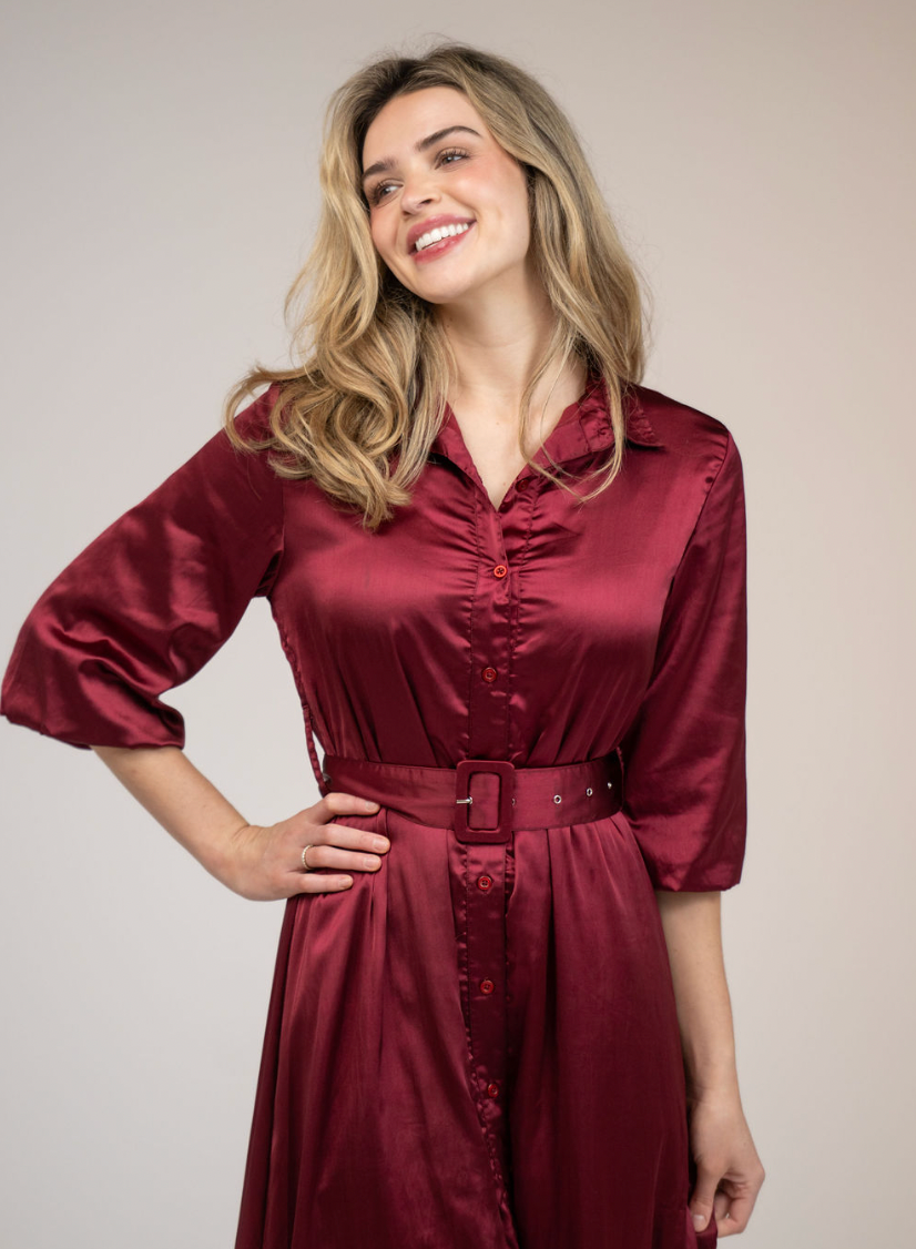 SAMPLE | The Mary Jane Dress | Burgundy Satin | Small