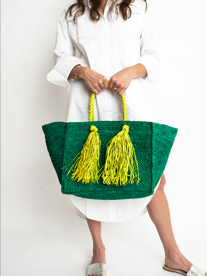 Camilla Raffia Bag in Green / Light Green