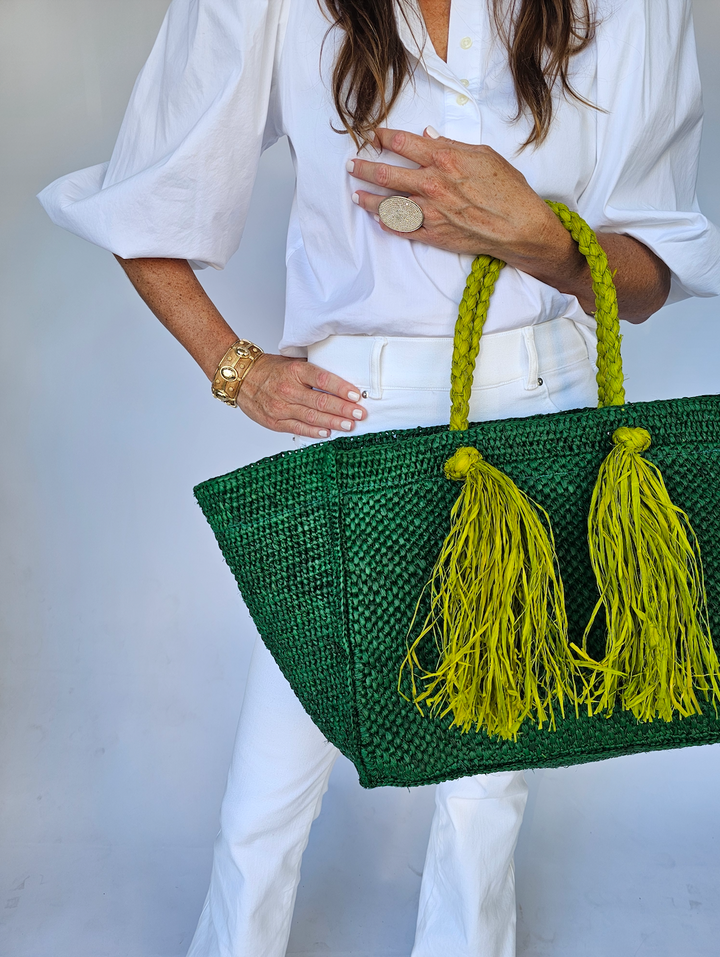 Camilla Raffia Bag in Green / Light Green