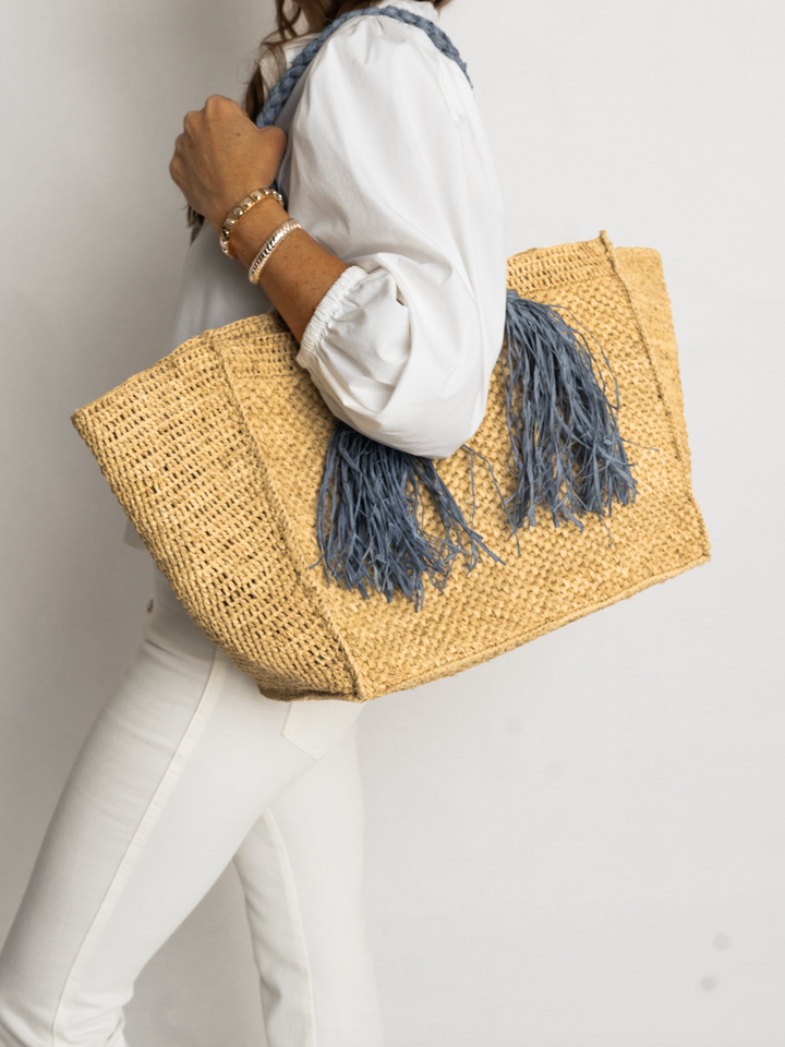 Camilla Raffia Bag in Hay / Light Blue