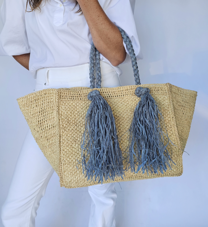 Camilla Raffia Bag in Hay / Light Blue