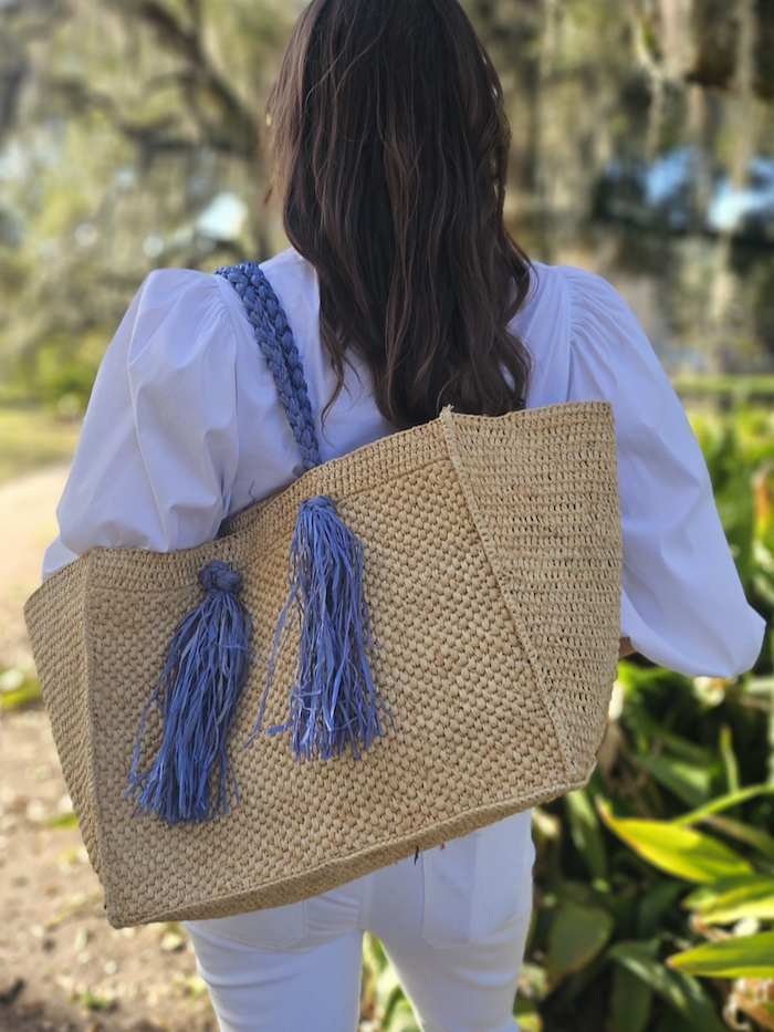 Camilla Raffia Bag in Hay / Light Blue