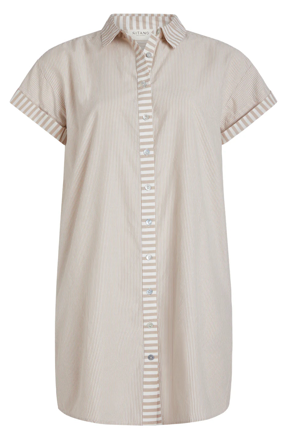 Riga Short Sleeve Short Dress in Tan Stripes