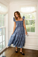 Tropical Block Print Flutter Strap Smocked Midi Dress