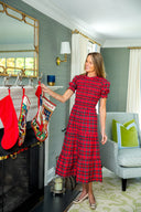 Red Tartan Puff Sleeve Smocked Midi Dress