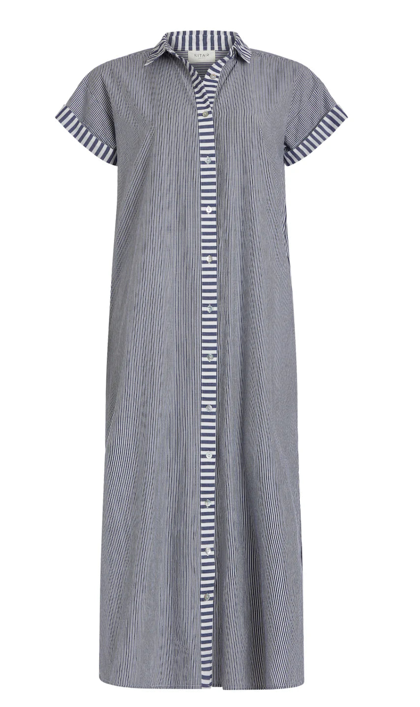 Riga Short Sleeve Midi Dress in Navy Stripes