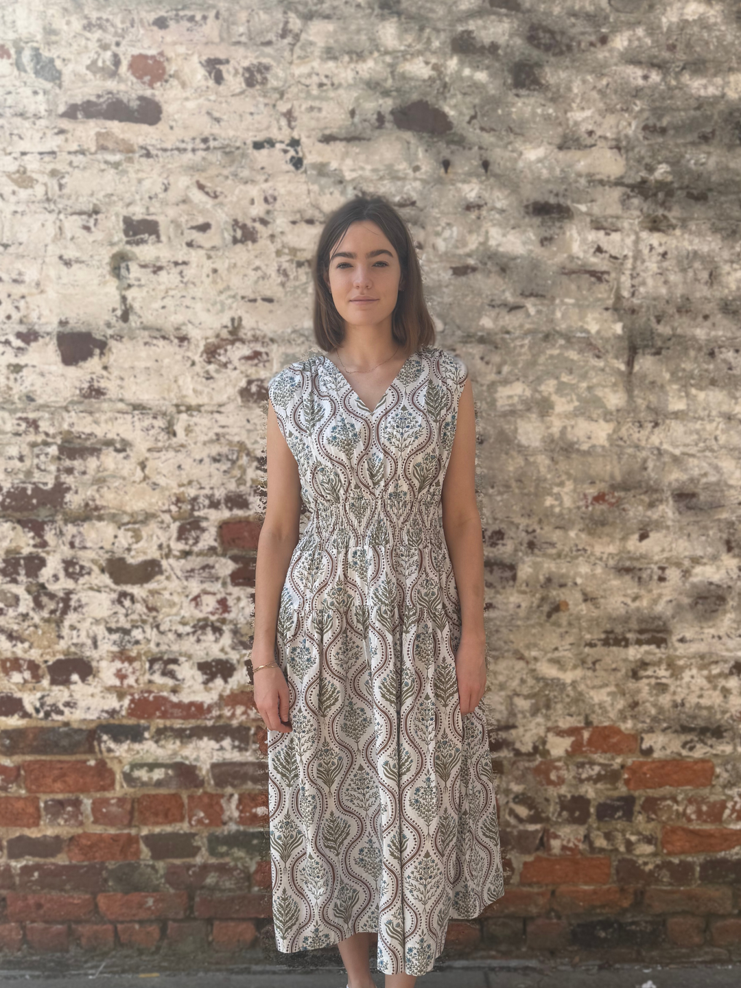 The Eva Dress in White & Brown Botanical