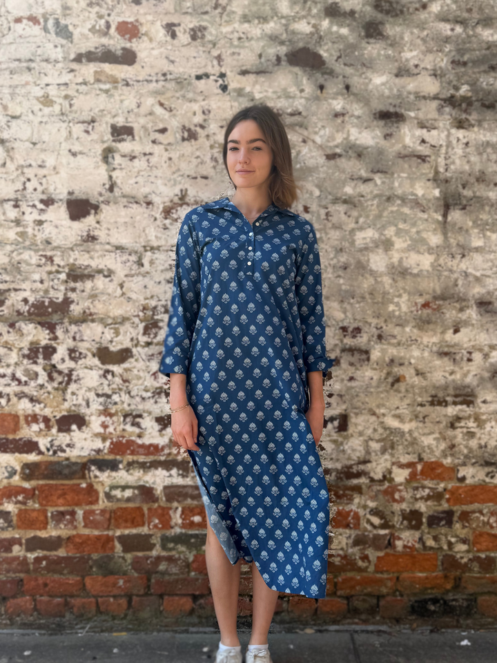 The Sara Dress in Navy Leaf