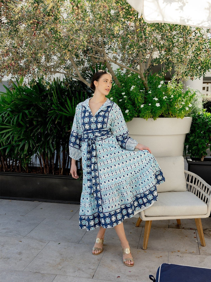 Flounce Dress in Dusty Blue / Navy Ikat