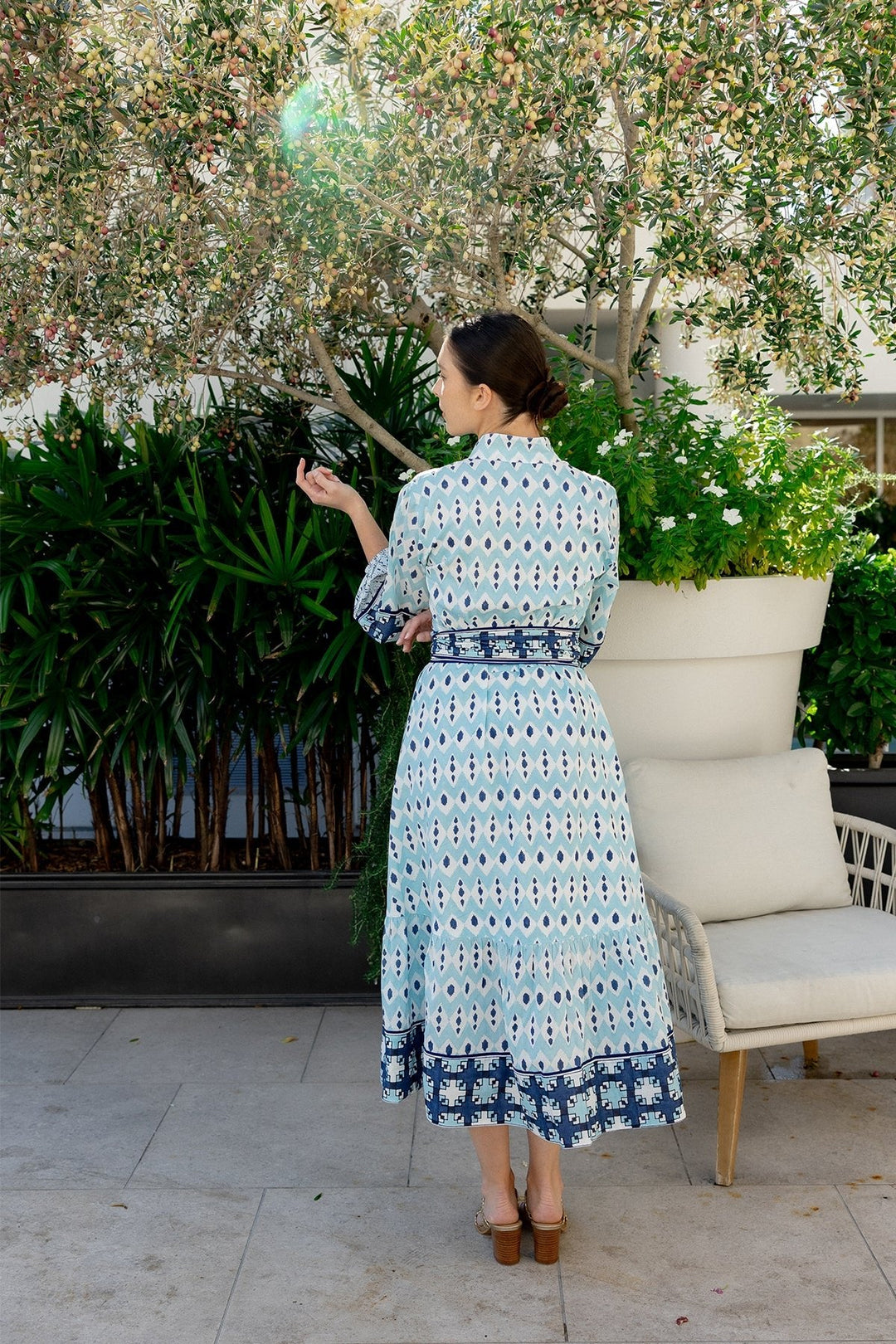 Flounce Dress in Dusty Blue / Navy Ikat