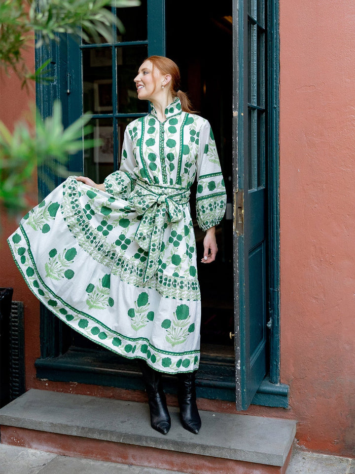 Flounce Dress in Emerald Marigold