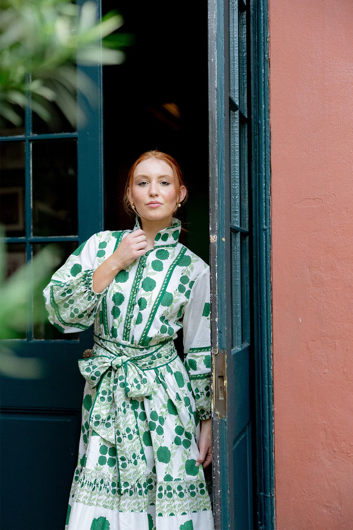 Flounce Dress in Emerald Marigold