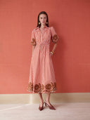 Banyan Puff Sleeve Midi Dress in Terracotta Stripe