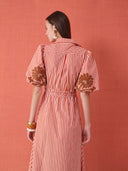 Banyan Puff Sleeve Midi Dress in Terracotta Stripe