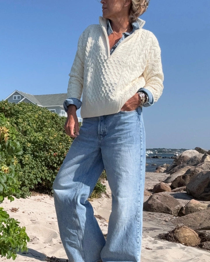 Half Zip Cable Sweater in Ivory