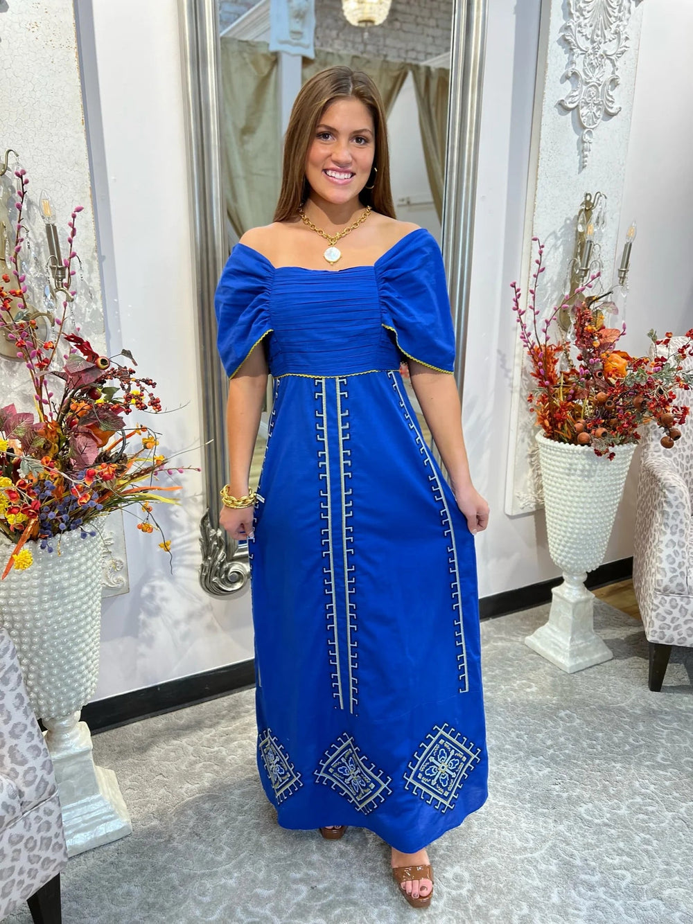 Anna Cate Dress Jenna Maxi Dress in Royal Cross Stitch