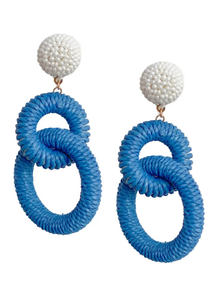 Nantucket Raffia Earrings in Blue Denim and White