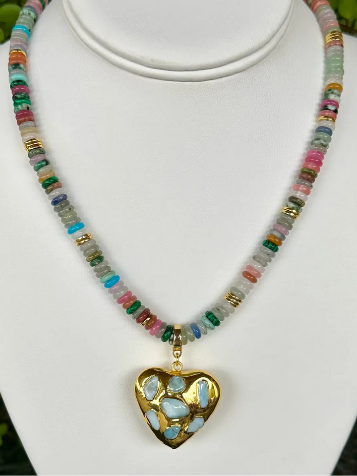 Multi Beaded + Heart Pendant Necklace