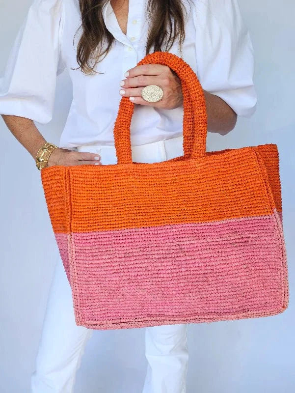 Baldiz Tote Mae Raffia Tote in Orange & Pink Raffia