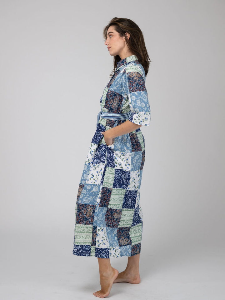 Beau & Ro Dress Quilted Maxi Dress in Blue Squares