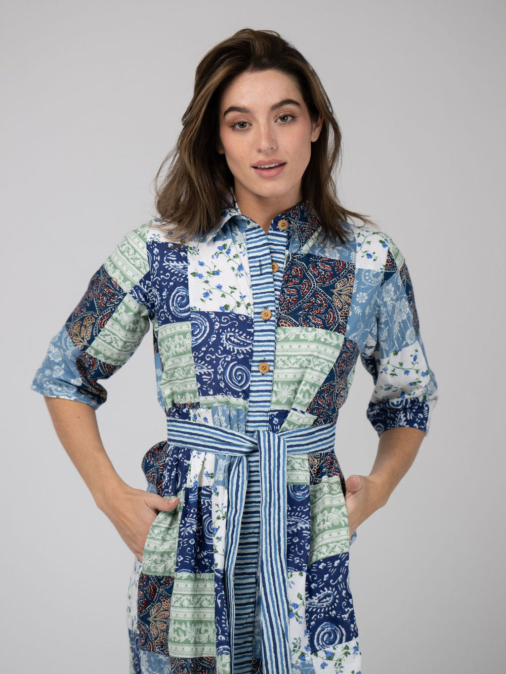 Beau & Ro Dress Quilted Maxi Dress in Blue Squares