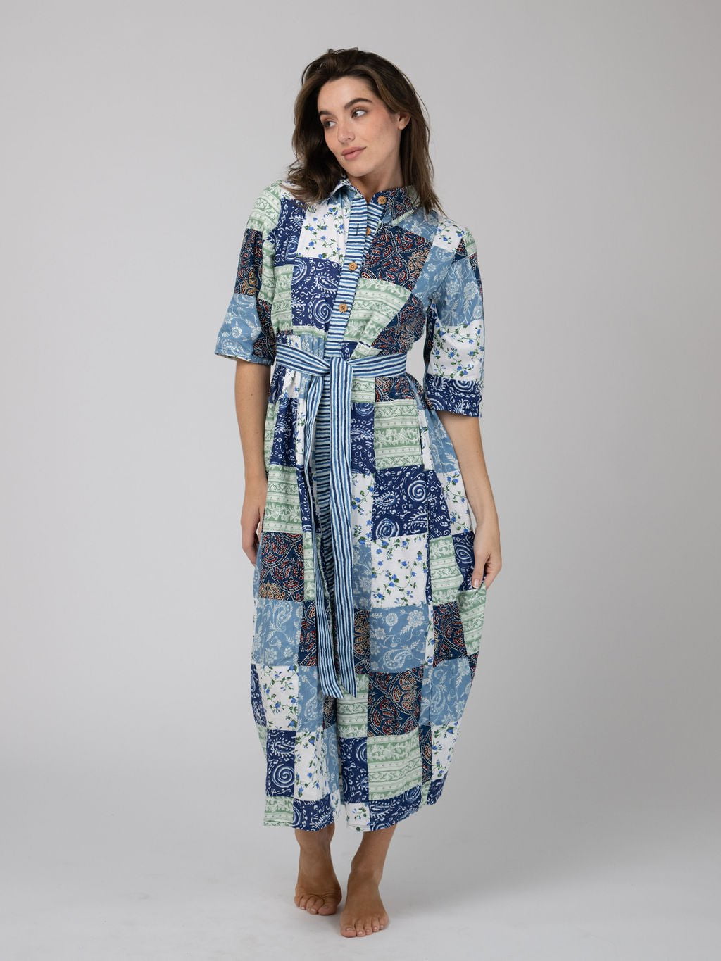 Beau & Ro Dress Quilted Maxi Dress in Blue Squares