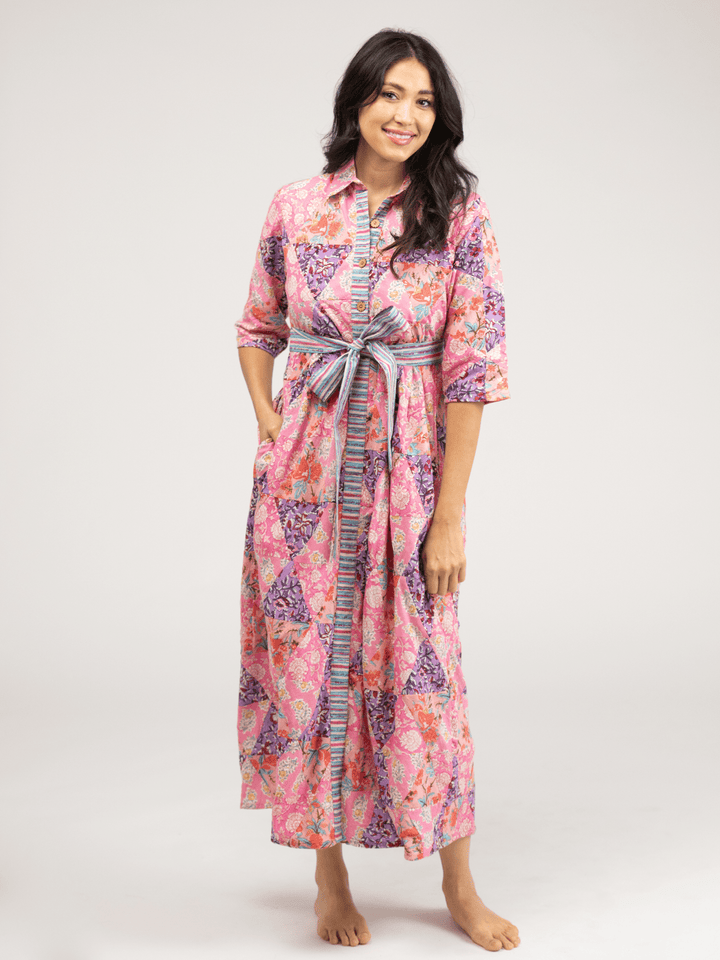 Beau & Ro Dress Quilted Maxi Dress in Pink Triangles