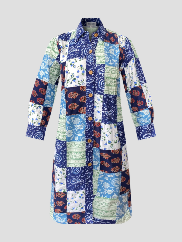 Beau & Ro Dress Quilted Midi Shirt Dress in Blue Squares