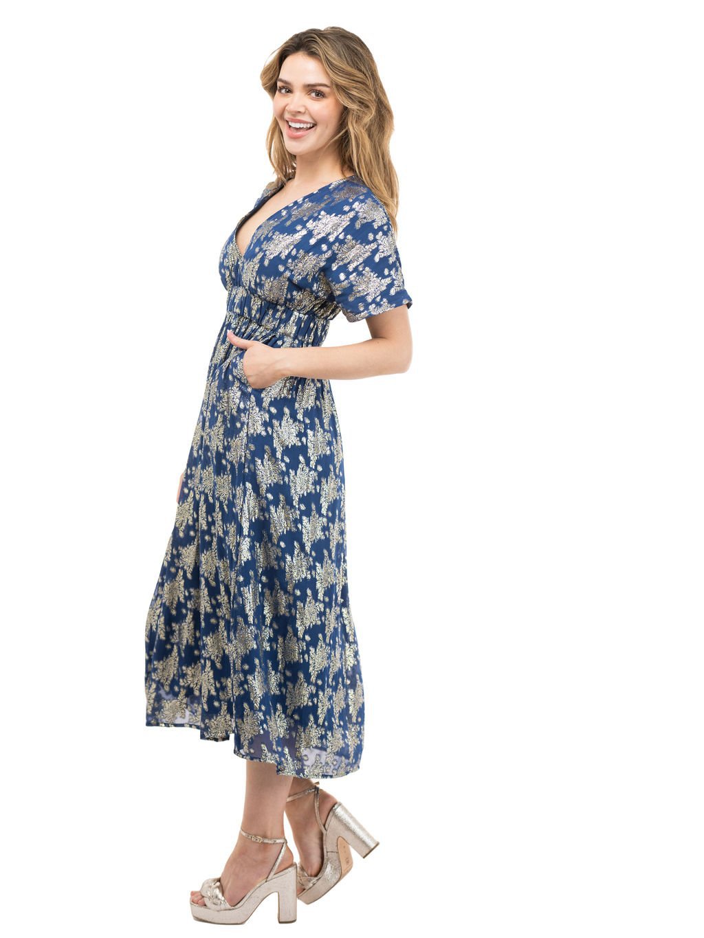 Beau & Ro Dress Retro Midi Dress | Navy Floral Shine