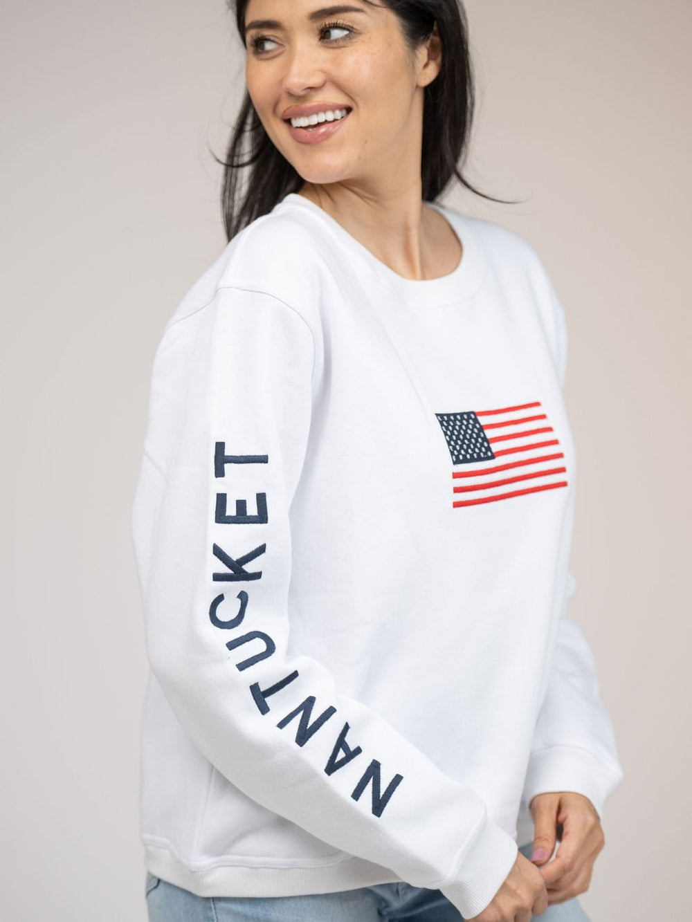 Beau & Ro Dress Small SAMPLE | American Flag Nantucket Crewneck Sweatshirt  | White | Small