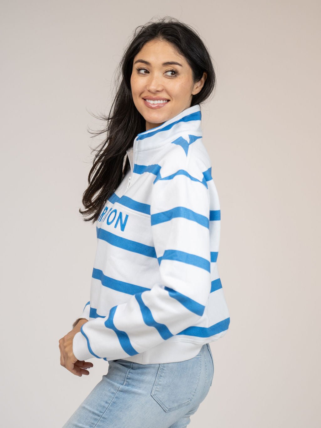 Beau & Ro Dress Small SAMPLE | Charleston Half Zip Sweatshirt in Blue Stripes | Small