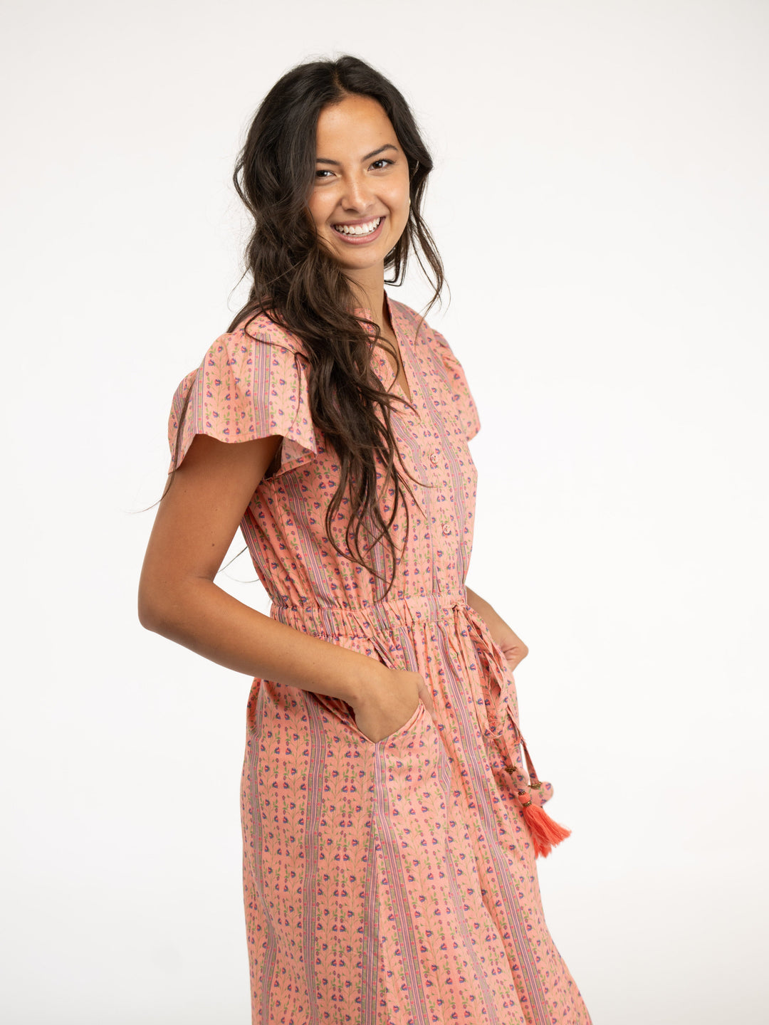 Beau & Ro Dress Small SAMPLE | The Flutter Midi Dress | Pink Mural Stripe | Small