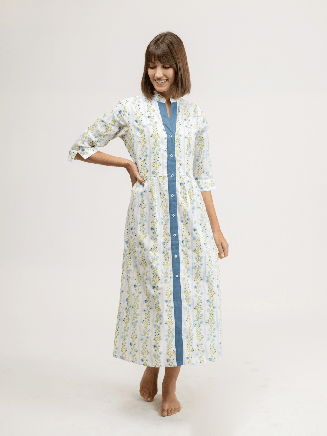 Beau & Ro Dress Small SAMPLE | The Valerie Dress | Blue Floral Stripe | Small