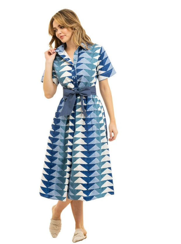 Beau & Ro Dress The Elle Midi Dress | Blue Bagru Triangle